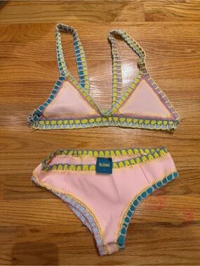 KIINI Pink Triangle Bikini with Blue and Yellow Crochet Trim